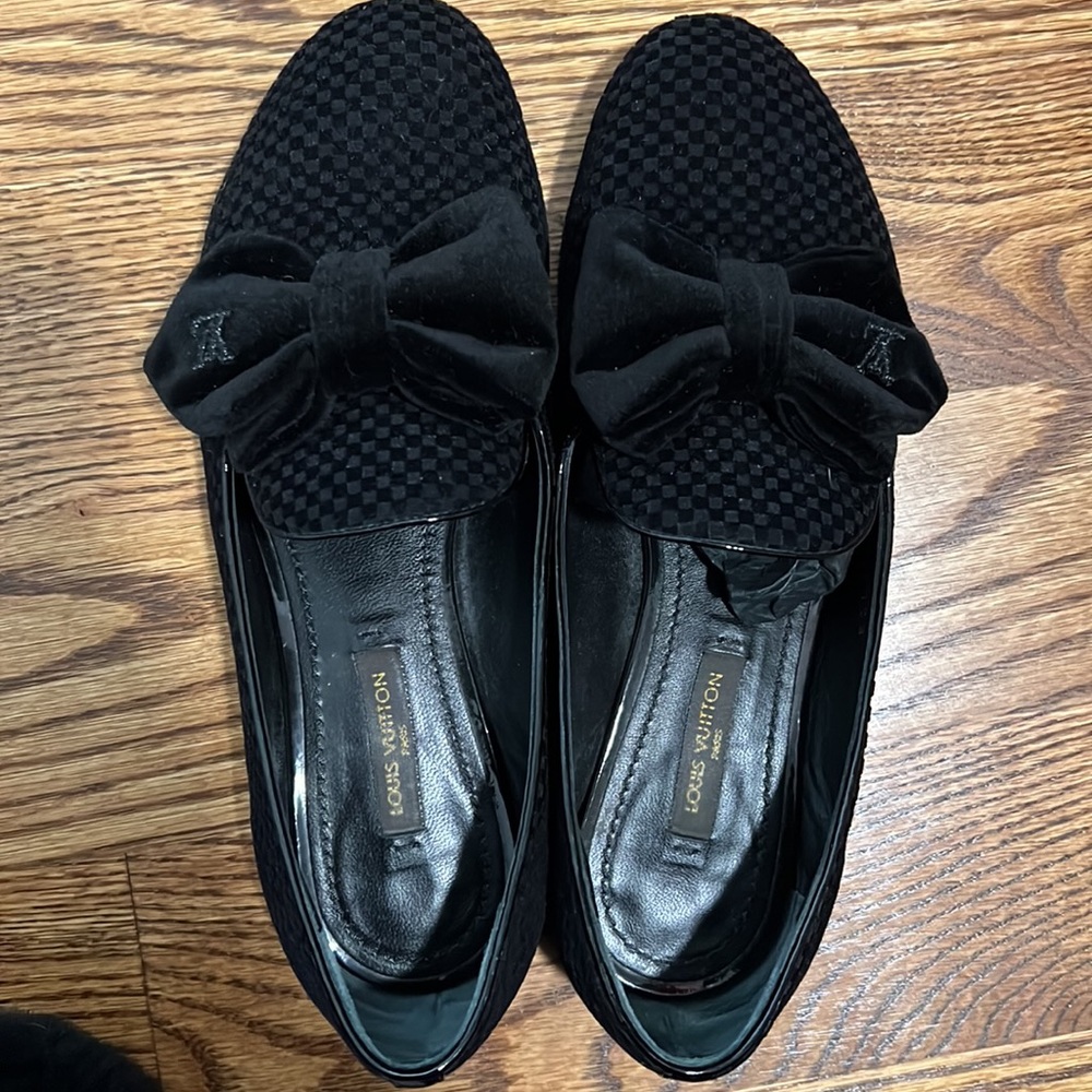 Louis Vuitton women’s velvet bow and checkered loafers